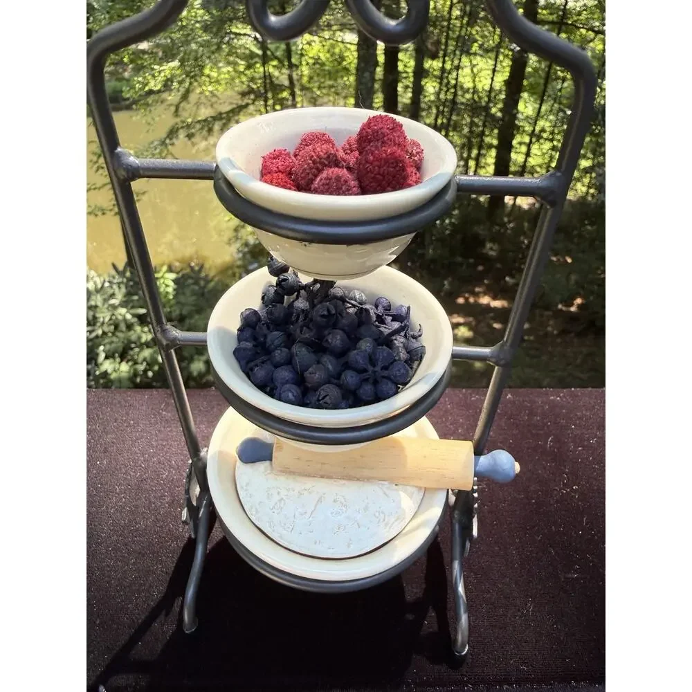 Longaberger Pottery Miniature Mixing Bowls Berries Dough Wrought Iron Stand Mint